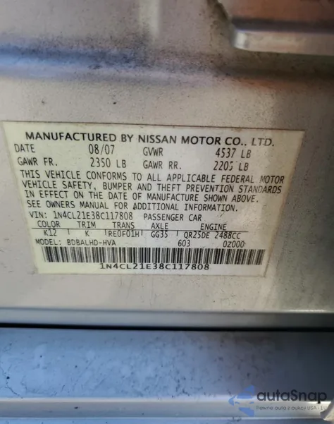 2008 Nissan Altima Hybrid from USA, damaged, VIN 1N4CL21E38C117808